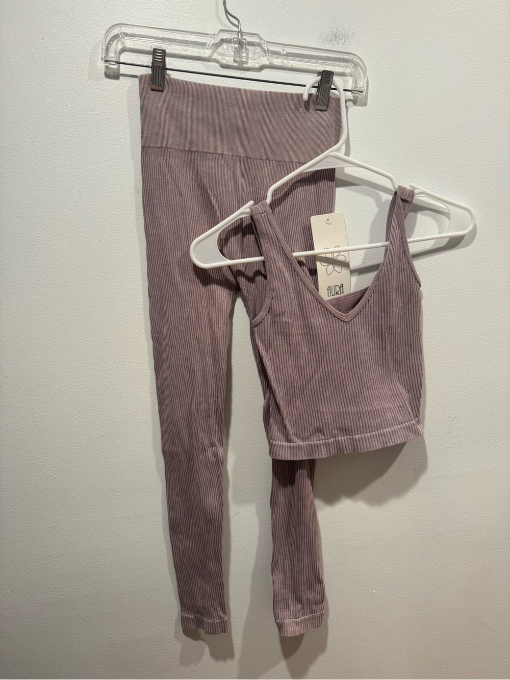 Aura Ribbed V-Neck Crop Tank & High-Waist Leggings Set Dusty Mauve
